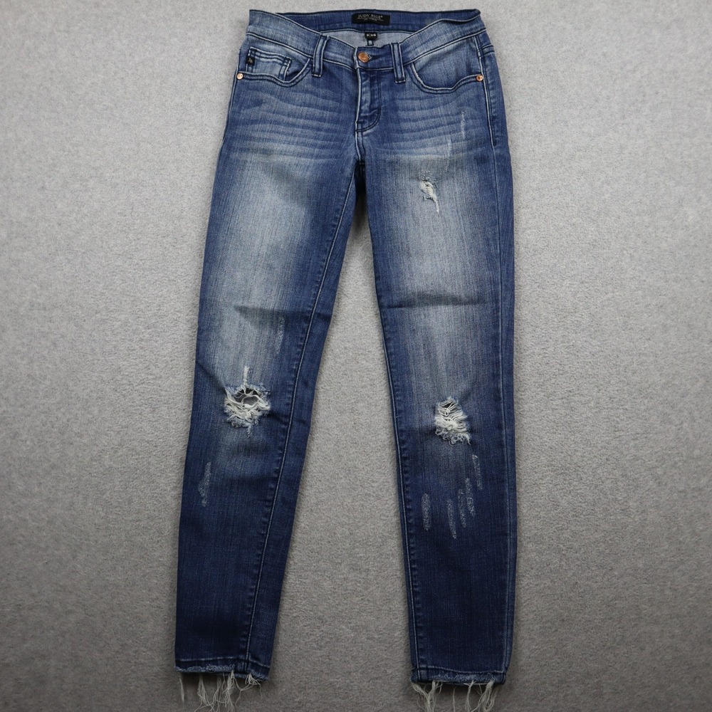 Judy Blue Jeans Women 3/26 JB8228MD Blue Distressed Skinny Raw Hem Mid Rise